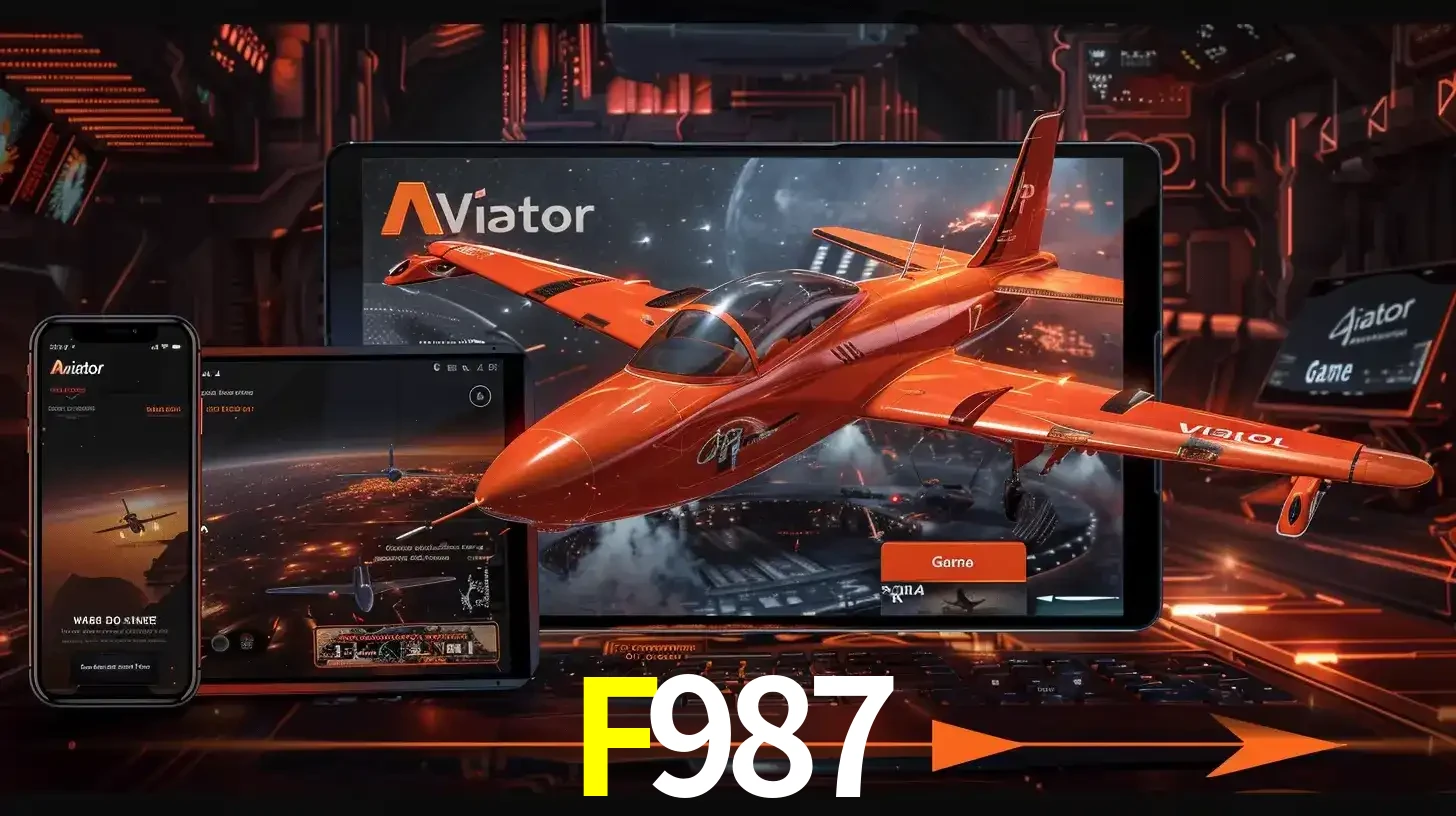 Apresentação tecnológica do jogo Aviator com um avião saindo da tela de um tablet, demonstrando a experiência imersiva em múltiplos dispositivos no F987.