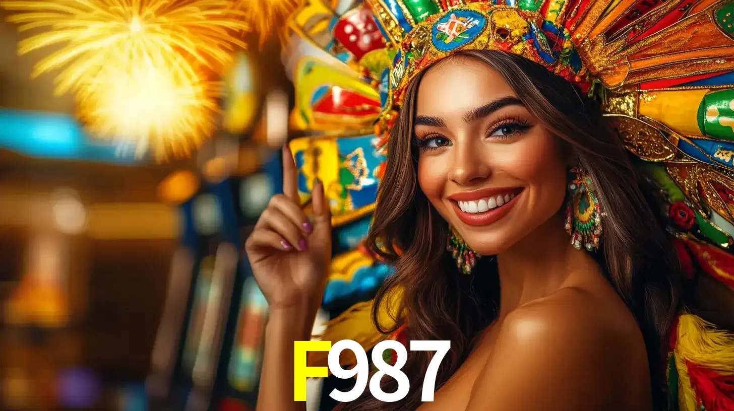 Mulher sorridente com um cocar de carnaval vibrante e colorido, celebrando uma grande vitória nos jogos do cassino F987 com fogos de artifício ao fundo.