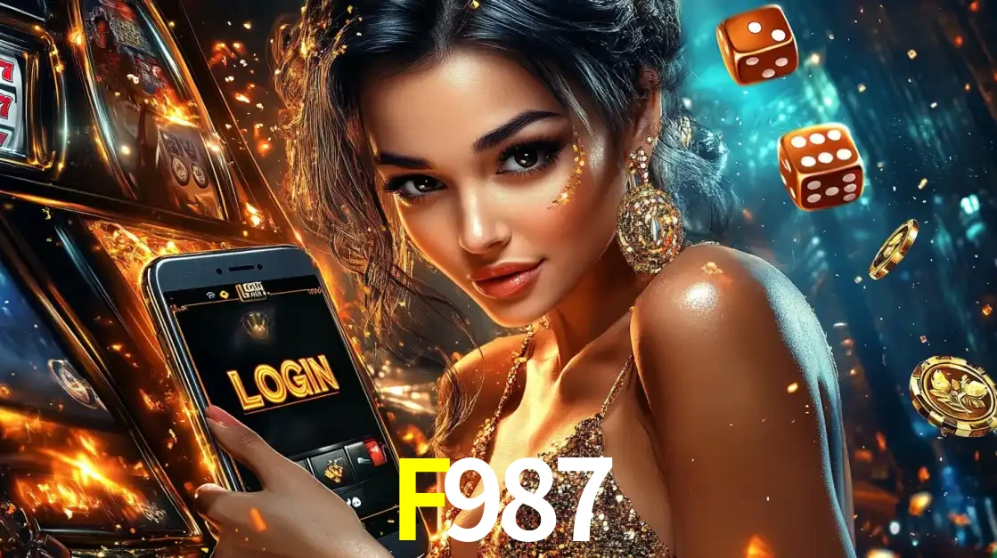 Mulher glamourosa segurando um celular com a tela de login do cassino F987, rodeada por dados e moedas douradas, pronta para começar a diversão.