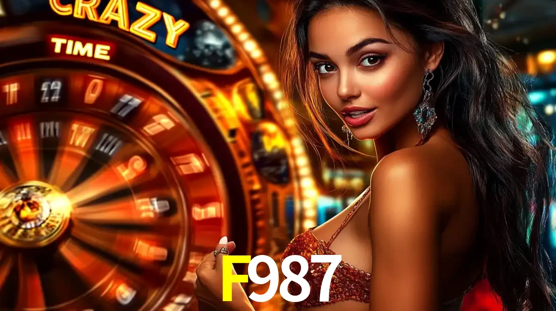Mulher ao lado da roda de prêmios do jogo de cassino ao vivo Crazy Time, um dos shows de jogos mais emocionantes oferecidos pela plataforma de apostas F987.