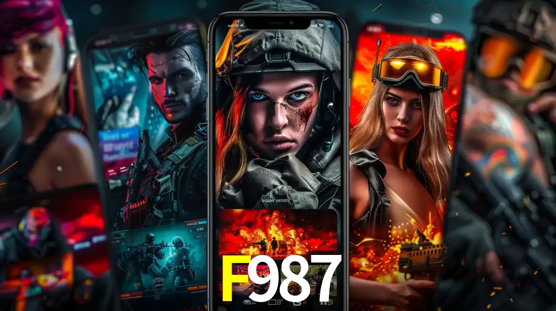Montagem de telas de celular mostrando diversos personagens, masculinos e femininos, de um jogo de tiro, ilustrando a diversidade de equipes de e-sports para apostar no F987.