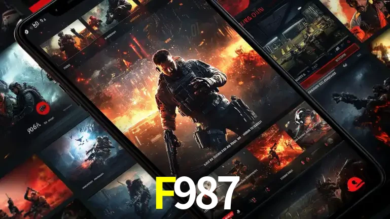 Tela de um celular exibindo uma galeria de jogos de tiro com temática militar, mostrando a variedade de e-sports disponíveis para apostas na plataforma de entretenimento F987.