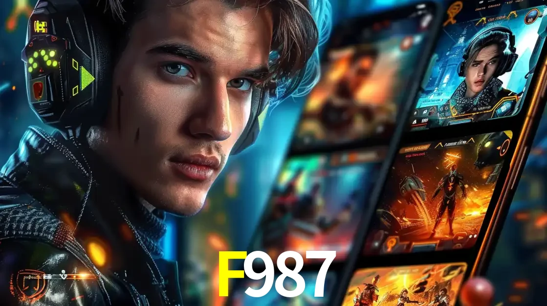 Jovem jogador com fones de ouvido olhando para a câmera, com um aplicativo de jogos e e-sports para celular ao fundo, pronto para a competição e apostas no F987.