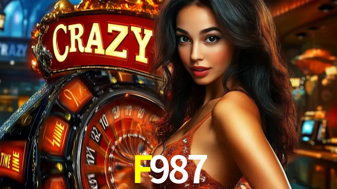 Mulher glamourosa olhando para a câmera com a roda vermelha do Crazy Time ao fundo em um ambiente de cassino, destacando a emoção dos jogos ao vivo no F987.
