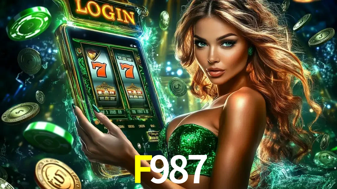 Mulher com tema verde apresentando o aplicativo do cassino F987 com um jogo de slot de 777, cercada por fichas de cassino e uma aura de sorte.