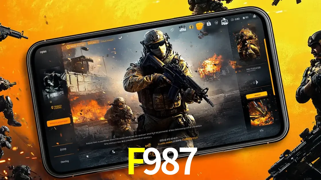 Um smartphone exibindo a interface de um jogo de tiro em primeira pessoa, com um soldado em um cenário de batalha, representando a ação dos e-sports para apostar no F987.