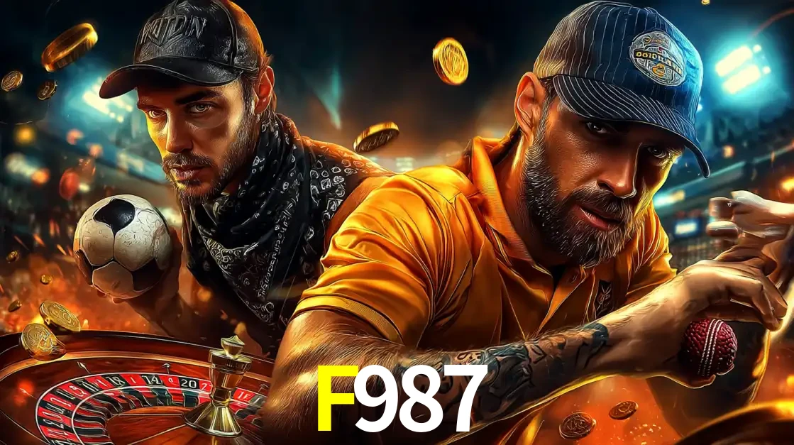 Montagem de apostas esportivas e cassino no F987, com um homem segurando uma bola de futebol e outro uma de beisebol sobre uma roleta e moedas voadoras.