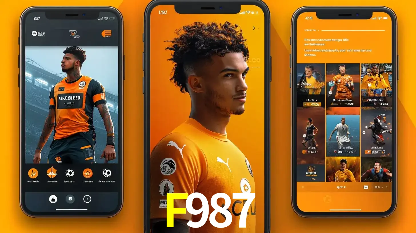 Interface do aplicativo de apostas esportivas F987 em três telas de celular, mostrando o perfil de um jogador de futebol e a lista de jogos disponíveis para apostar.