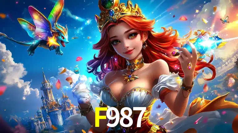 A princesa de um reino de fantasia mágico, com seu pequeno dragão, apresentando um mundo de prêmios encantados nos jogos de caça-níqueis do cassino F987.