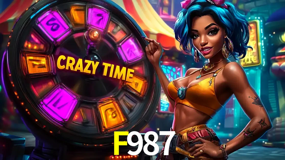 Mulher estilizada com cabelo azul e visual vibrante posando ao lado da roda de prêmios do game show Crazy Time, convidando para a diversão e os bônus do cassino F987.