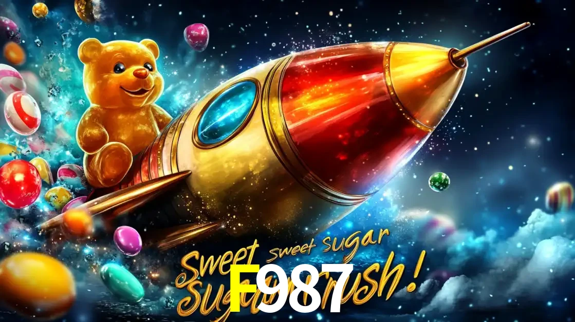 Arte promocional do jogo de slot Sugar Rush, com um urso de pelúcia em um foguete viajando pelo espaço de doces, um dos jogos divertidos disponíveis no cassino F987.