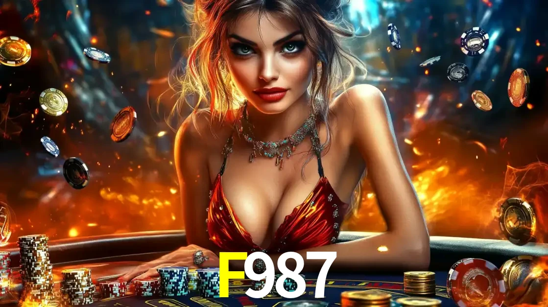 Mulher em uma mesa de cassino com pilhas de fichas e um fundo de fogo, pronta para uma rodada de altas apostas nos jogos de mesa emocionantes do cassino F987.