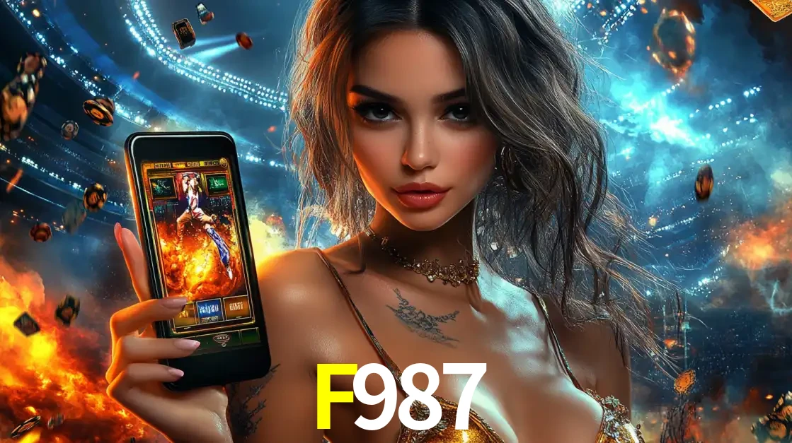 Mulher segurando um celular com um jogo de slot em destaque, tendo como fundo um estádio vibrante, simbolizando a emoção de jogar no cassino móvel F987.