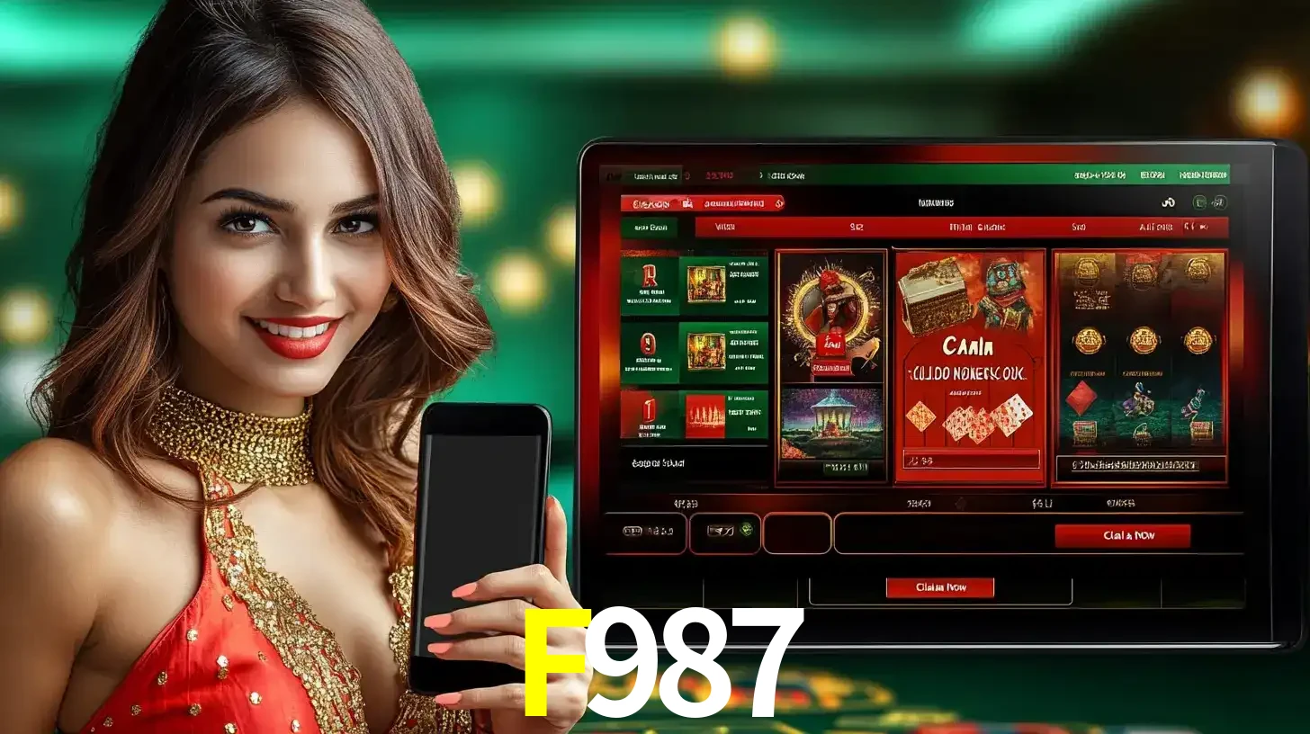 Mulher sorridente segurando um smartphone, ao lado de uma tela exibindo o lobby de jogos do cassino online F987, com várias opções de jogos de cartas e slots.
